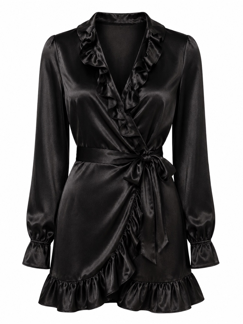 Mini Dress Tie Waist Size M Black Satin Boho Ruffle Wrap